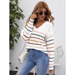 v neck preppy Striped Sweater cream green tan pink fall